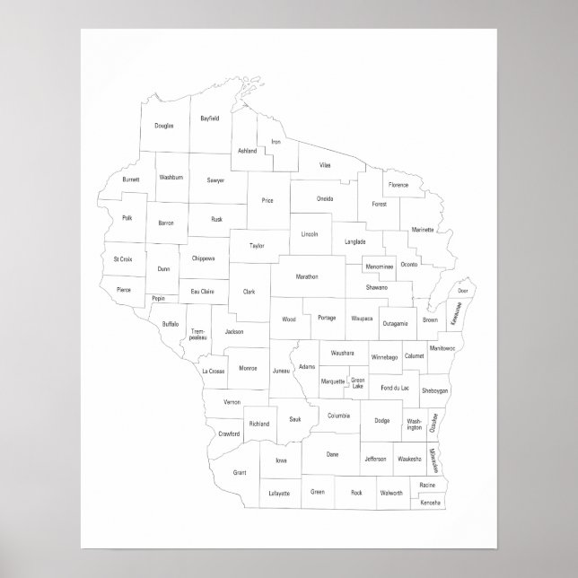 Wisconsin map of counties in the state with names poster (Front)