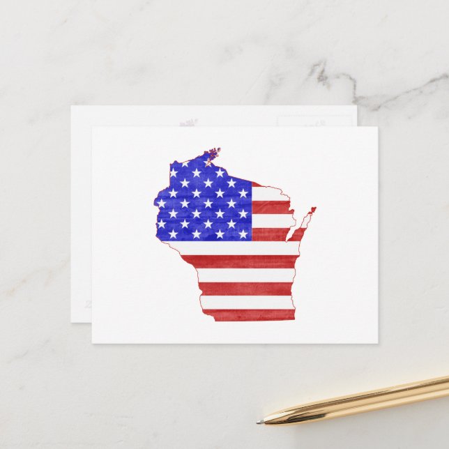Wisconsin Map Shaped Patriotic American Flag Postcard (Front/Back In Situ)