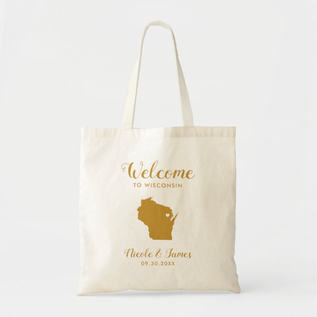 Wisconsin Map Wedding Welcome Bag, Gold Tote Bag (Front)