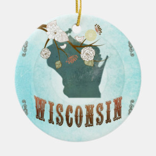 Wisconsin Map With Lovely Birds Ceramic Tree Decoration