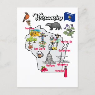 Wisconsin Map with Tourist Destinations Postcard