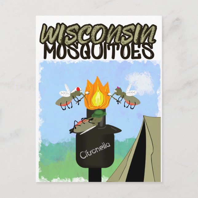 Wisconsin Mosquitoes Cartoon - Camping by Tiki Announcement Postcard (Front)