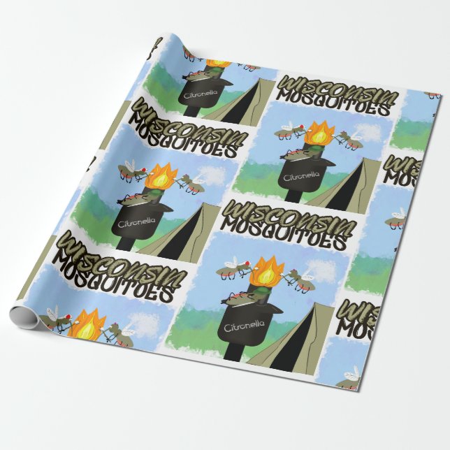 Wisconsin Mosquitoes Cartoon - Camping by Tiki Wrapping Paper (Unrolled)