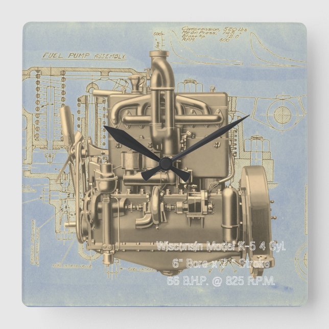 Wisconsin Motor Milwaukee Wisconsin Engine Early K Square Wall Clock (Front)