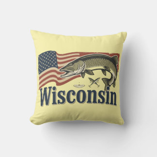 Wisconsin Muskellunge On American Flag Cushion