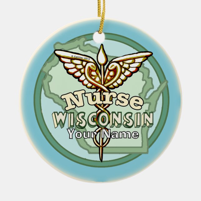 Wisconsin Nurse Caduceus Ceramic Tree Decoration (Front)