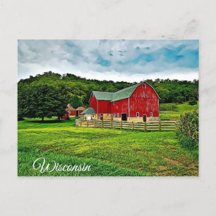 Wisconsin Red Barn Farm Scenic View Postcard
