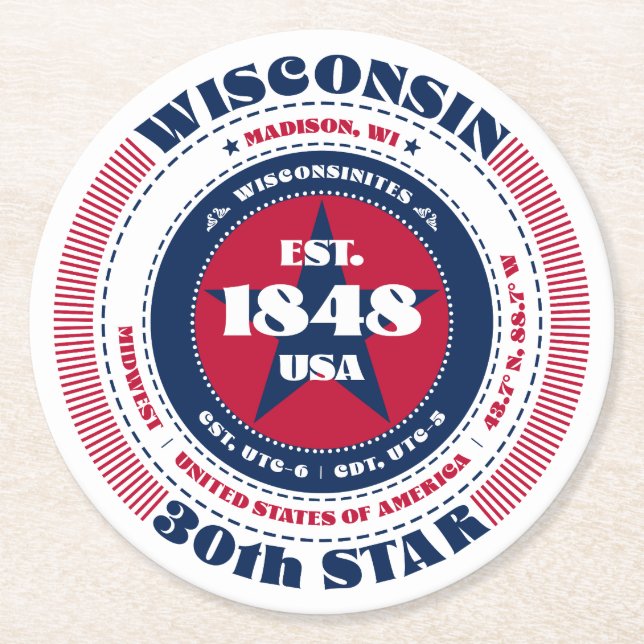 Wisconsin Red White Blue Typography Round Paper Coaster (Front)