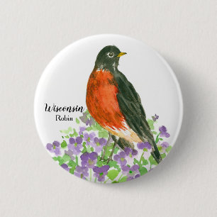 Wisconsin Souvenir American Robin Purple Violets 6 Cm Round Badge