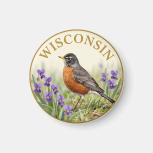 Wisconsin State Bird American Robin & Wood Violet Magnet