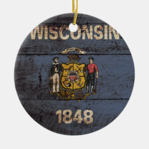 Wisconsin State Flag on Old Wood Grain Ceramic Tree Decoration