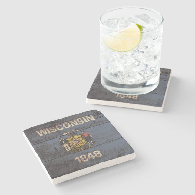 Wisconsin State Flag on Old Wood Grain Stone Coaster (Side)