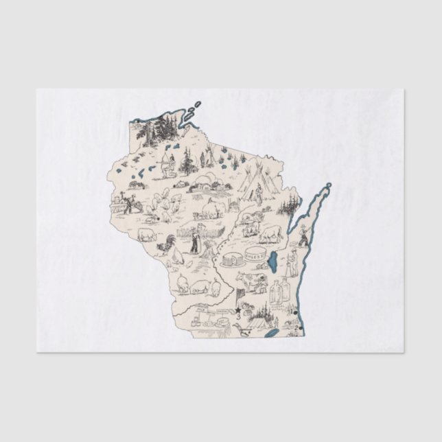 Wisconsin Vintage Picture Map Tissue Paper (Front)