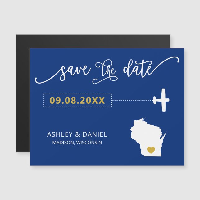 Wisconsin Wedding Save the Date Card, Map Magnetic Invitation (Front/Back)