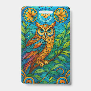 Wisdom in Glass Stained-Glass Owl with Floral ID Badge