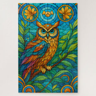 Wisdom in Glass Stained-Glass Owl with Floral Jigsaw Puzzle