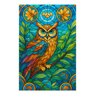 Wisdom in Glass Stained-Glass Owl with Floral Photo Print
