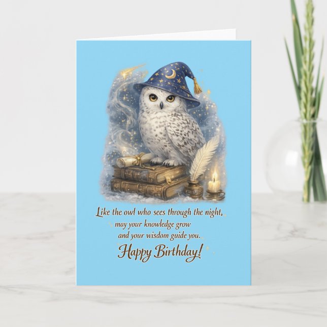 Wisdom & Knowledge Snow Owl Happy Birthday Card (Front)