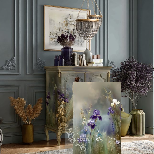 Wisdom's Muse Deep Purple Iris Gold Sage Garden Tissue Paper (Sage green vintage cabinet with artwork behind glass purple dried flowers pampas gold accessories)