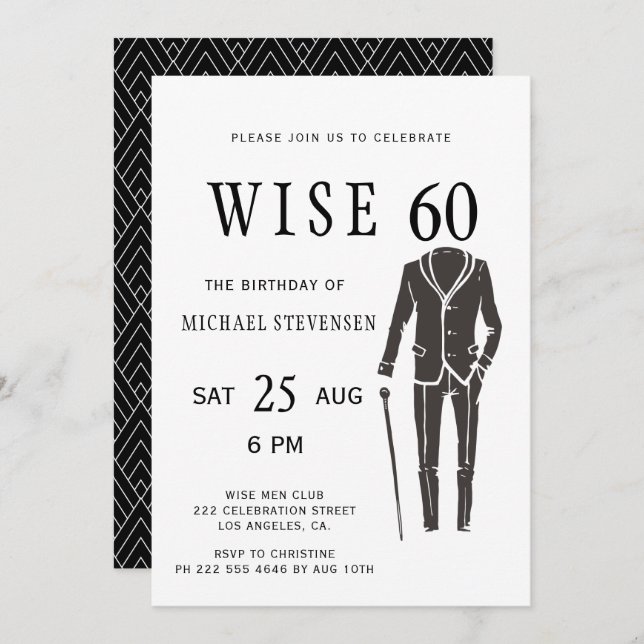Wise 60 black and white formal man birthday party invitation (Front/Back)