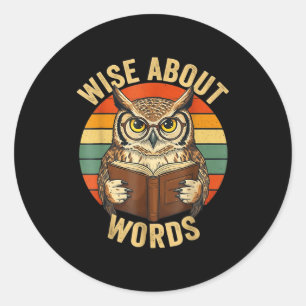 Wise about words owl reading book vintage sunset  classic round sticker