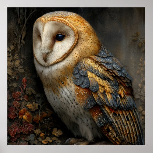 Wise Barn Owl Perched on Ancient Branch Poster