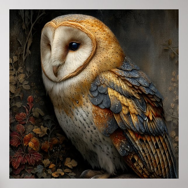 Wise Barn Owl Perched on Ancient Branch Poster (Front)