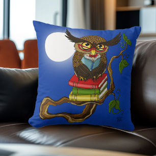 Wise Blue Cute Brown Reading Owl Books Cushion