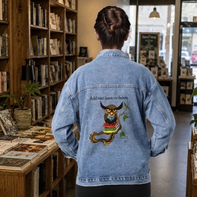 Wise Blue Cute Brown Reading Owl Books Denim Jacket (Creator Uploaded)