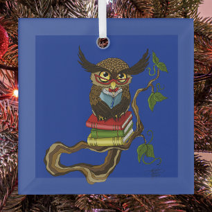 Wise Blue Cute Brown Reading Owl Books Glass Tree Decoration