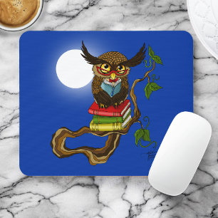 Wise Blue Cute Brown Reading Owl Books Mouse Mat