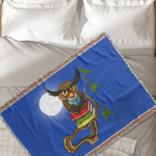 Wise Blue Cute Brown Reading Owl Books Throw Blanket