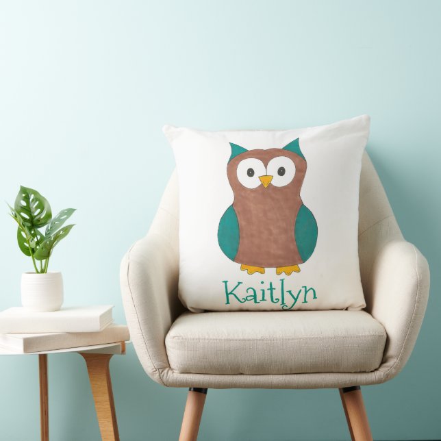 Wise Brown Blue Owl Bird Bedroom Personalised Cushion (Chair)