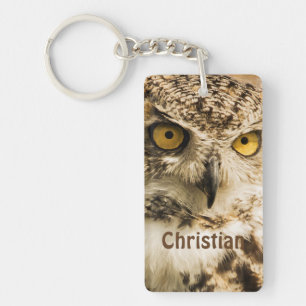 Wise Brown owl looking at you add name Key Ring