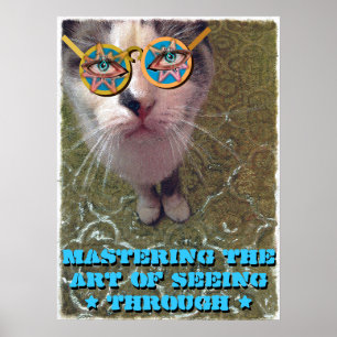 Wise Cat Human Eyes and Funny Glasses Poster