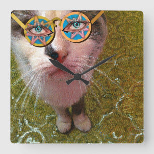 Wise Cat Human Eyes and Funny Glasses Poster Square Wall Clock