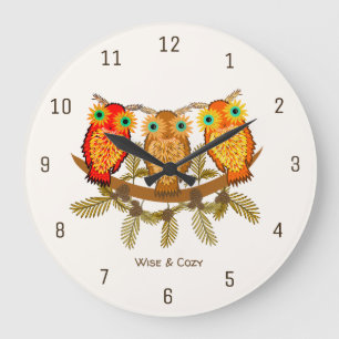 Wise & Cosy – Three Orange Owls Art Large Clock