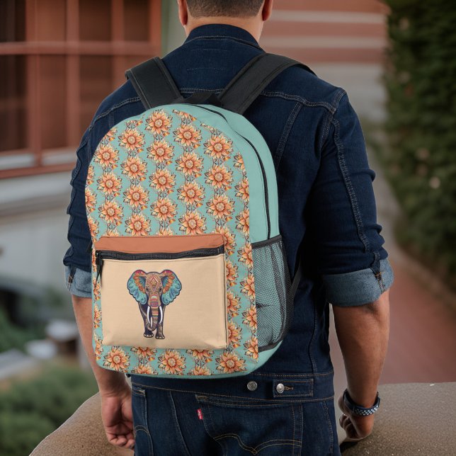 Wise Elephant Turquoise Dark Peach Floral Monogram Printed Backpack (Creator Uploaded)