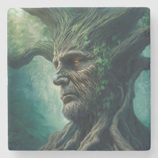 Wise Face in Ancient Tree Mystical Forest Stone Coaster