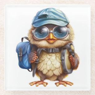 Wise Little Traveller - Kid Owl with backpack Glass Coaster