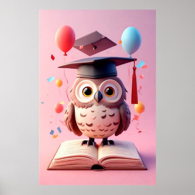 Wise Owl Graduation Hat Perched on Book 🦉🎓📚✨ Poster (Front)