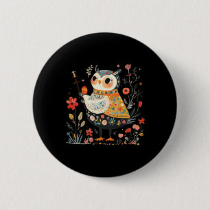 Wise Owl Guardian - Easter Egg Folk Art 6 Cm Round Badge