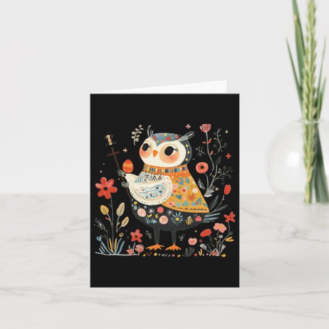 Wise Owl Guardian - Easter Egg Folk Art  Card (Front)