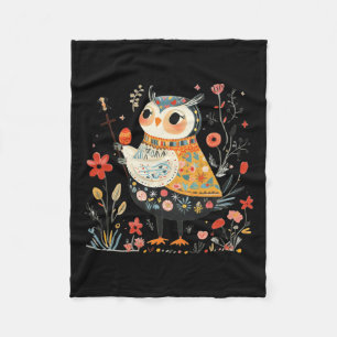 Wise Owl Guardian - Easter Egg Folk Art  Fleece Blanket
