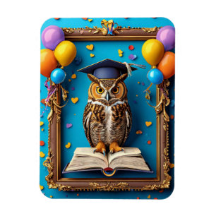 Wise Owl in Graduation Cap Posing with Book Magnet