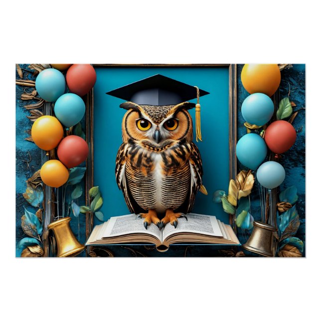 Wise Owl in Graduation Cap Posing with Book Poster (Front)