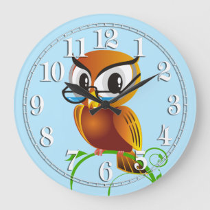 Wise Owl in Spectacles Light Blue Large Clock