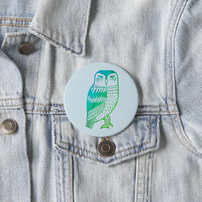 Wise Owl line drawing blue green 7.5 Cm Round Badge (In Situ)
