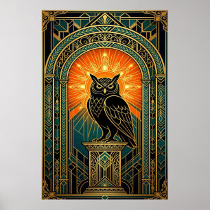 Wise Owl Silhouette Art Deco Midnight Gold Poster