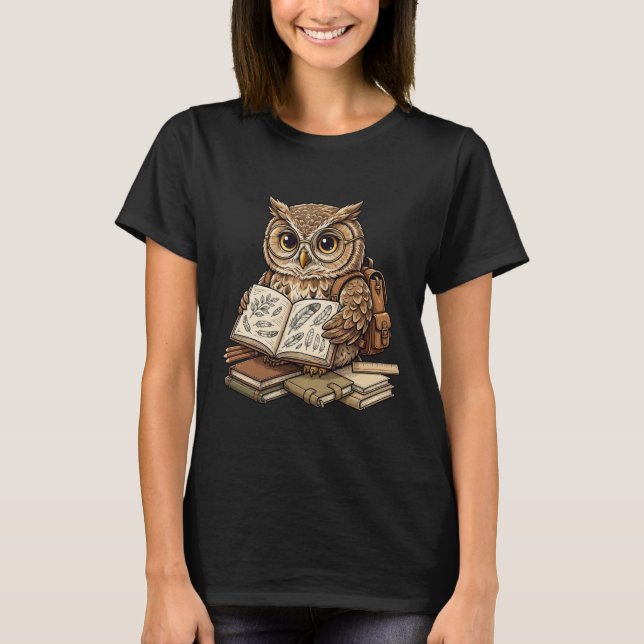 Wise Owl Student Reading Nature Book T-Shirt (Front)